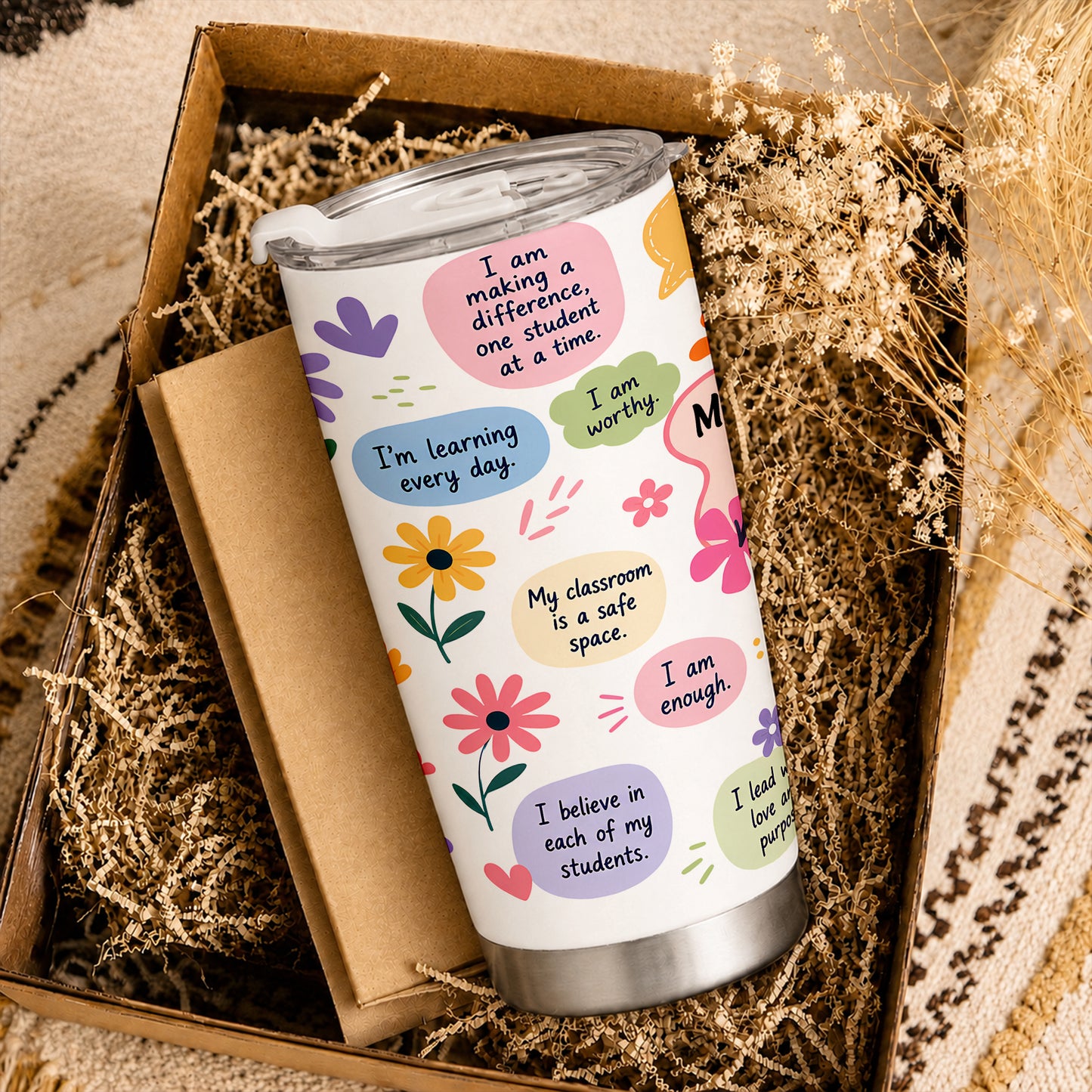 Floral Teacher Self Love Tumbler - Personalized Teacher To Go Cup - Motivational Gift For Teachers