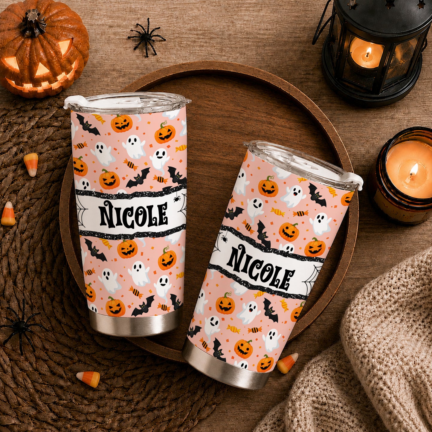 Personalized Halloween Tumbler with Name - Cute Halloween Pattern Tumbler, 20oz Insulated Travel Cup - Custom Fall Gift