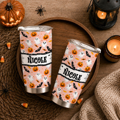 Personalized Halloween Tumbler with Name - Cute Halloween Pattern Tumbler, 20oz Insulated Travel Cup - Custom Fall Gift