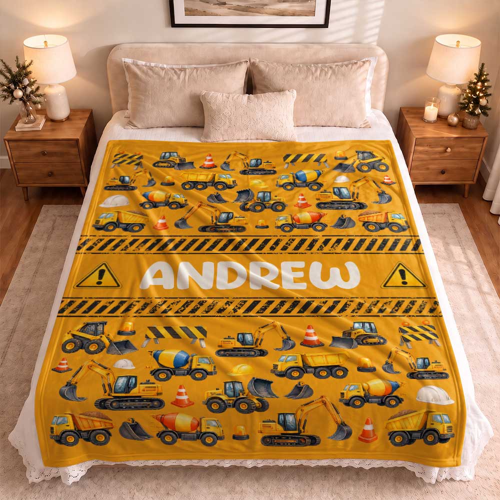 Personalized Constructions Blanket - Custom Kid Name Construction Trucks Blanket - Christmas Birthday Gift for Kids, Sons