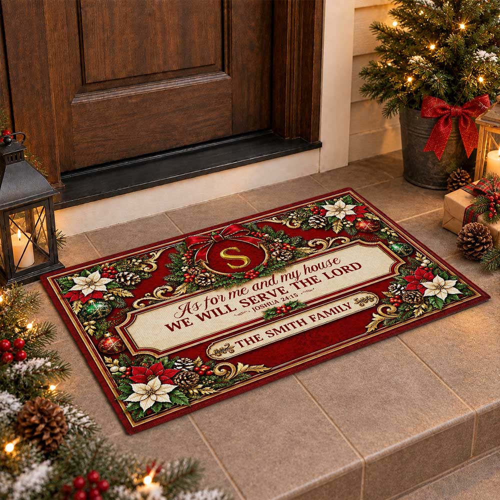 Personalized Christmas Door Mat - Serve The Lord Family Mat - Christmas Entryway Decor, Christian Holiday Gift