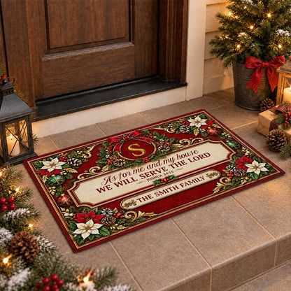 Personalized Christmas Door Mat - Serve The Lord Family Mat - Christmas Entryway Decor, Christian Holiday Gift