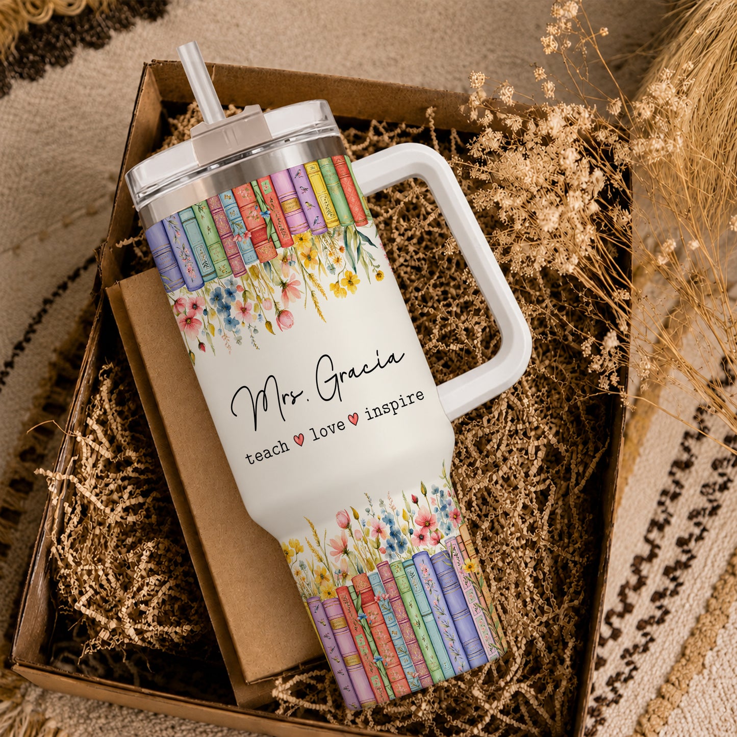 Personalized Teacher Tumbler - Vintage Floral Book Stack Tumbler - Custom Teacher Name Tumbler, Teacher Appreciation Gift