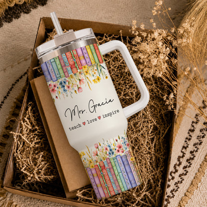 Personalized Teacher Tumbler - Vintage Floral Book Stack Tumbler - Custom Teacher Name Tumbler, Teacher Appreciation Gift