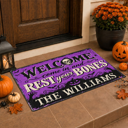 Personalized Halloween Family Name Door Mat - Welcome in Rest Your Bones - Spooky Porch Decor, Funny Halloween Gift for Family