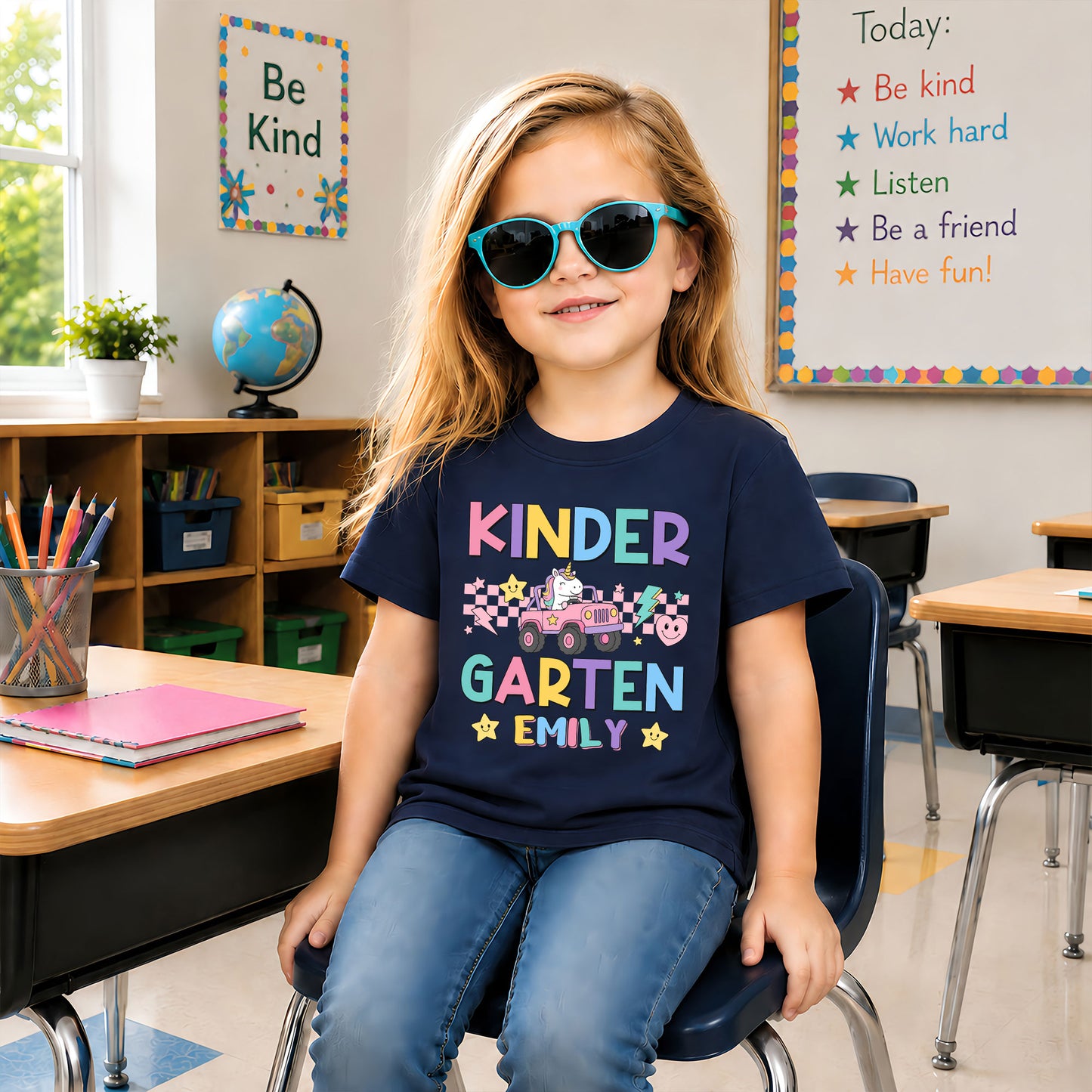 Personalized Pastel Unicorn School Tshirt - Custom Name & Grade Kids T-Shirt - Back To School Gift for Girls