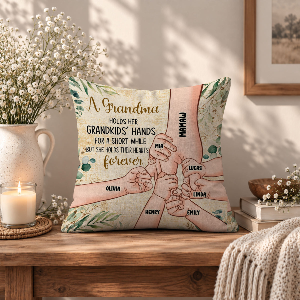 Personalized Grandma Pillow - Grandma Holds Grandkids' Hearts Forever - Custom Family Gift