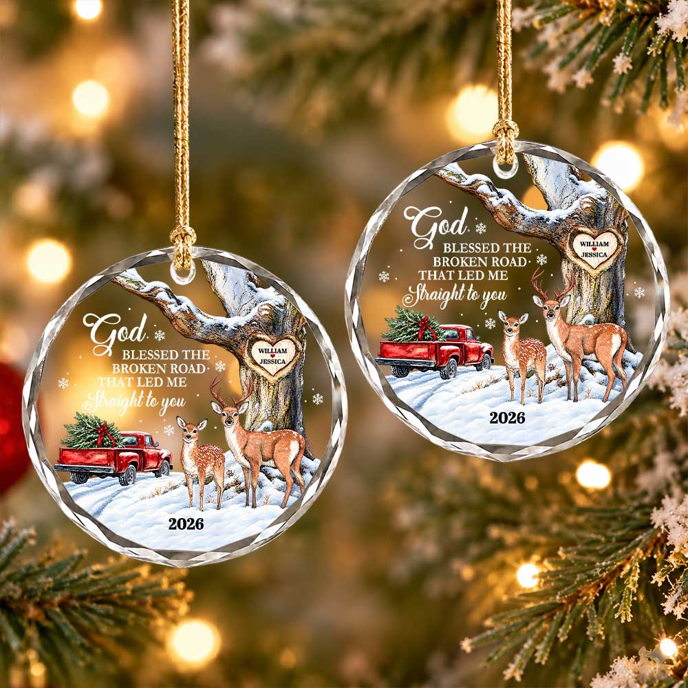 Personalized Couple Glass Ornament - God Blessed the Broken Road Deer Couple - Christmas Gift for Couples 2026