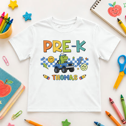 Personalized Dinosaur School Shirt - Custom Name & Grade Kids T-Shirt - Back To School Gift for Boys