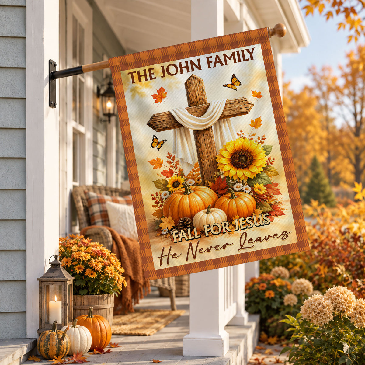 Personalized Thanksgiving Garden Flag - Fall for Jesus He Never Leaves - Custom Family Name Yard Decor