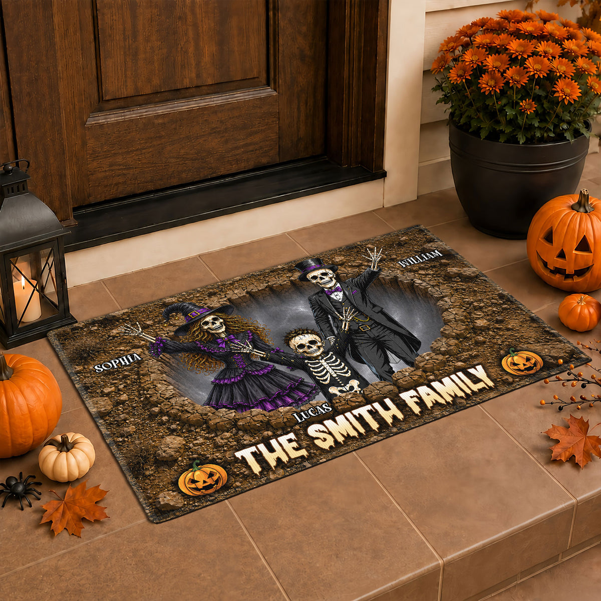 Personalized Halloween Door Mat for Family - Custom Name Skeleton Family Mat - Spooky Haunted House Door Mat - Halloween Outdoor Decor