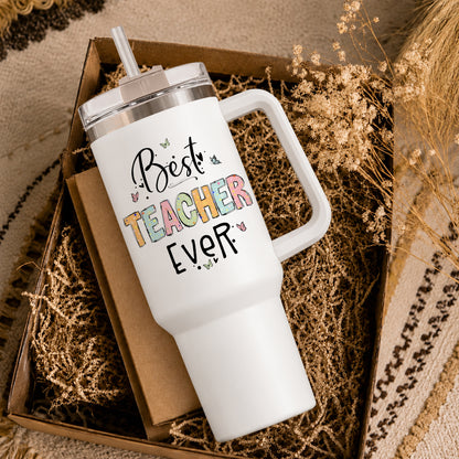 Personalized 40oz Teacher Tumbler with Handle & Straw – Custom Best Teacher Ever Gift for Back to School & Teacher Appreciation