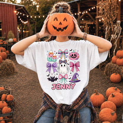 Personalized Halloween Coquette Shirt - Custom Name Ghost & Bow Shirt - Pastel Spooky Halloween Tee, Halloween Gift