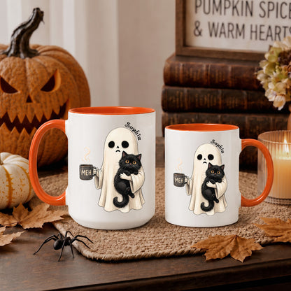 Personalized Halloween Mug, Custom Ghost Cat Coffee Cup, Cute Spooky Mug, Halloween Gift for Cat Lovers
