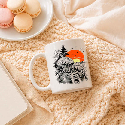 Anatomical Skeleton Sunset Mug, Vintage Mountain Nature Coffee Cup, Gothic Art Gift for Men Women