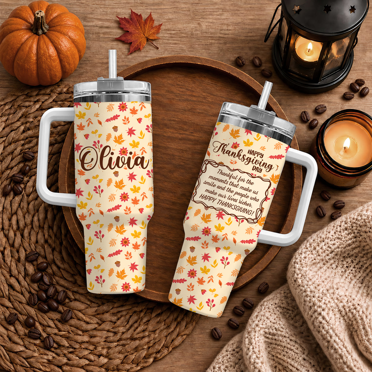 Personalized Thanksgiving Tumbler with Handle - Custom Name 40oz Travel Tumbler - Gift for Friends, Coworkers