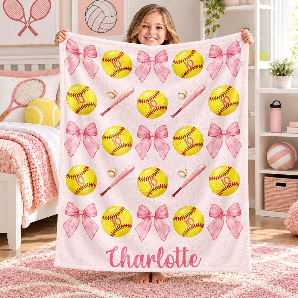 Personalized Softball Blanket for Girls - Custom Name Bow Softball Throw - Christmas Gift, Teen Athlete Gift