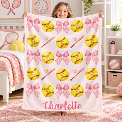 Personalized Softball Blanket for Girls - Custom Name Bow Softball Throw - Christmas Gift, Teen Athlete Gift