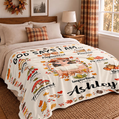 Personalized Thanksgiving Blanket - God Says I Am - Fall Gift for Women, Self Gift
