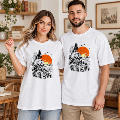 Anatomical Skeleton Sunset Shirt, Vintage Mountain Nature T-Shirt, Gothic Art Gift for Men Women