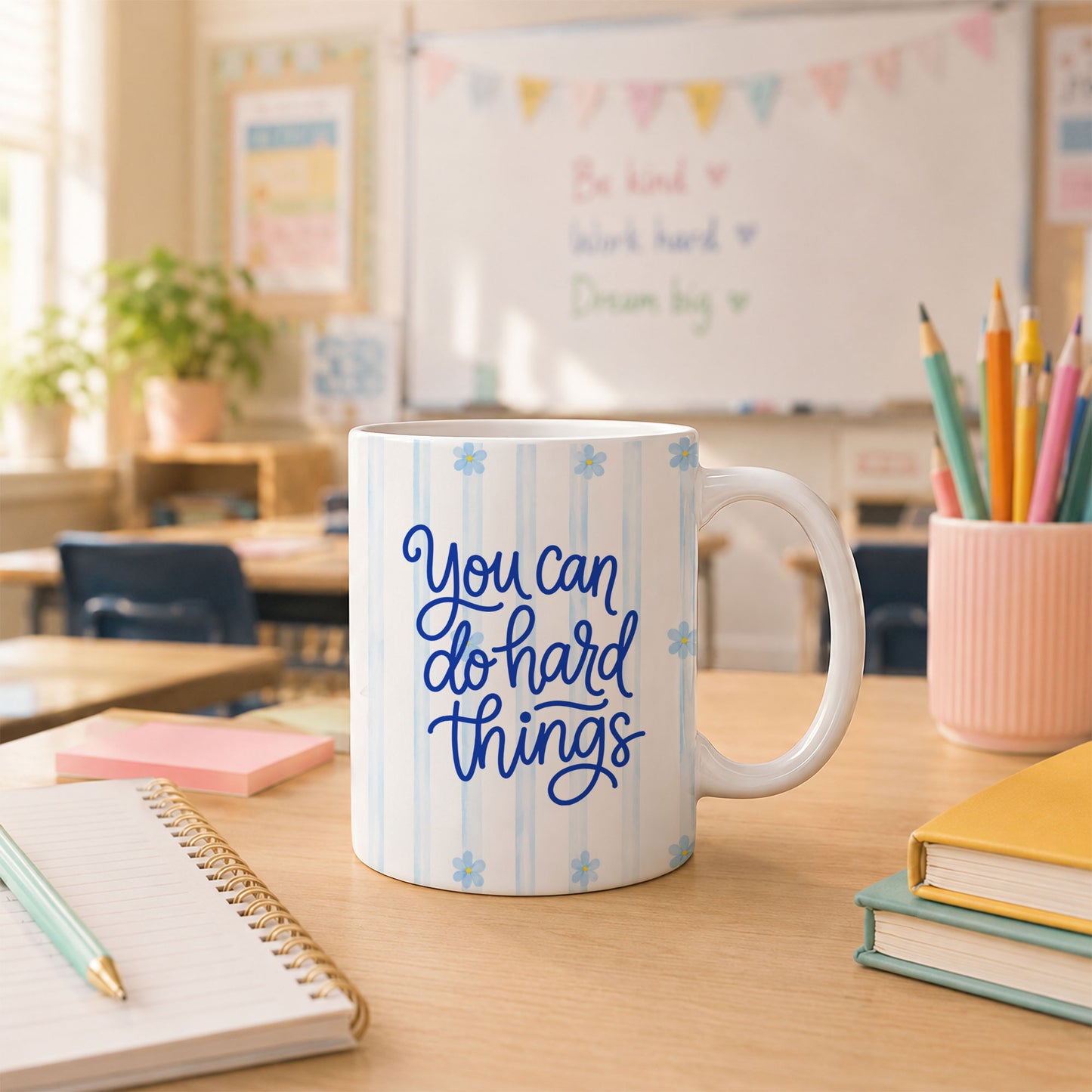 Personalized Teacher Student Coffee Mug with Custom Name, You Can Do Hard Things Mug, Striped Color School Gift, Back to School Cup