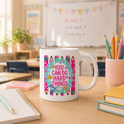 Personalized Teacher Student Coffee Mug with Custom Name, You Can Do Hard Things Mug, Striped Color School Gift, Back to School Cup