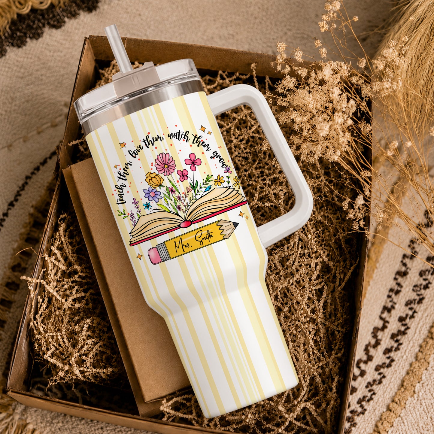 Personalized 40oz Teacher Tumbler with Handle & Straw – Custom Floral Teacher Gift for Back to School, First Day of School & Teacher Appreciation