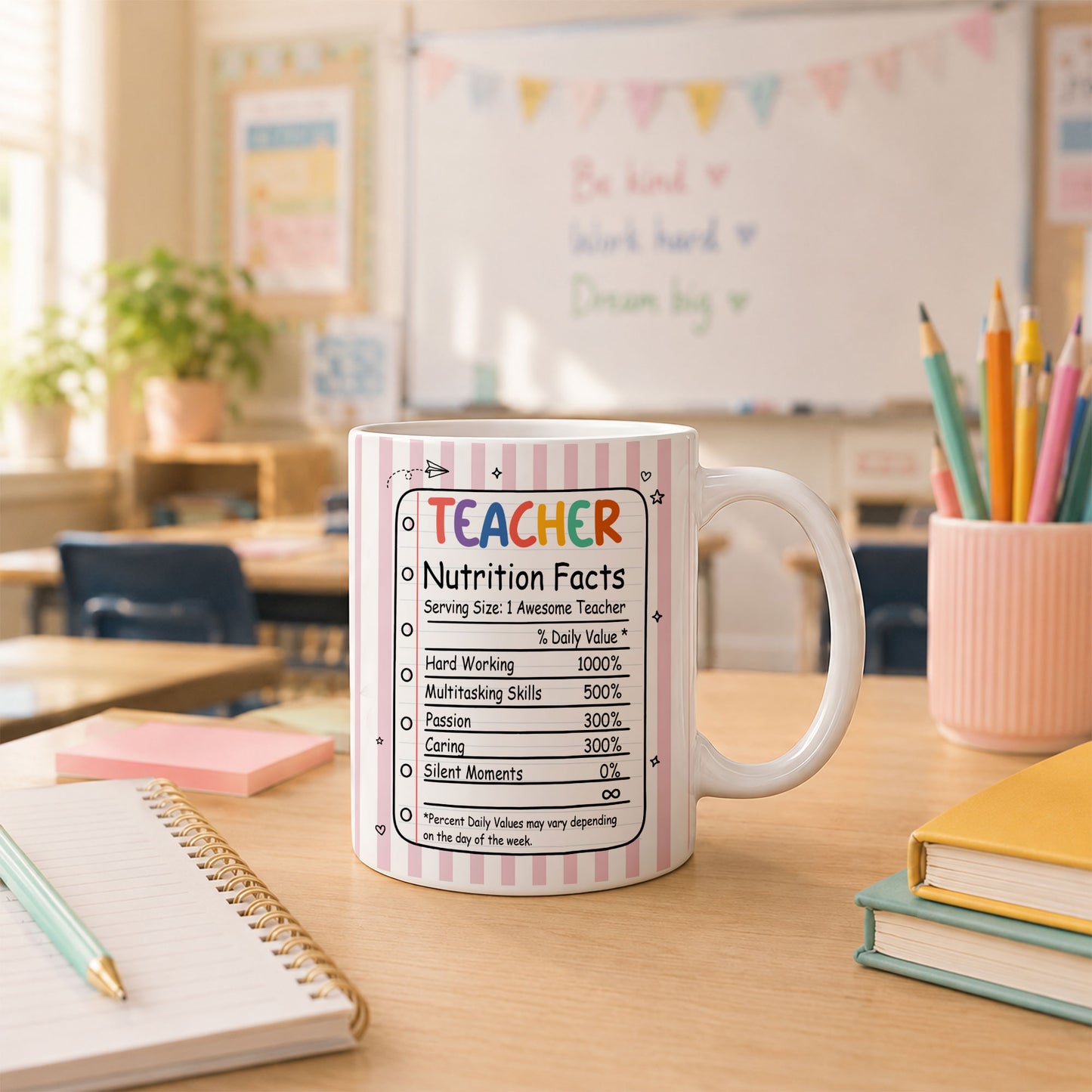 Back To School - Personalized Teacher Mug - Teacher Nutrition Facts - Custom Name Striped Mug, Gift for Teachers