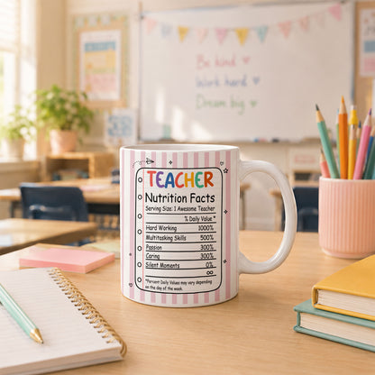 Back To School - Personalized Teacher Mug - Teacher Nutrition Facts - Custom Name Striped Mug, Gift for Teachers