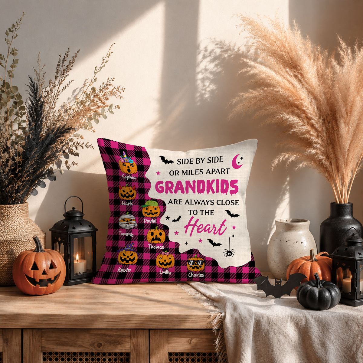 Personalized Halloween Pillow - Custom Grandkids Name Pumpkin Throw Pillow - Halloween Home Decor Gift for Grandma, Grandpa