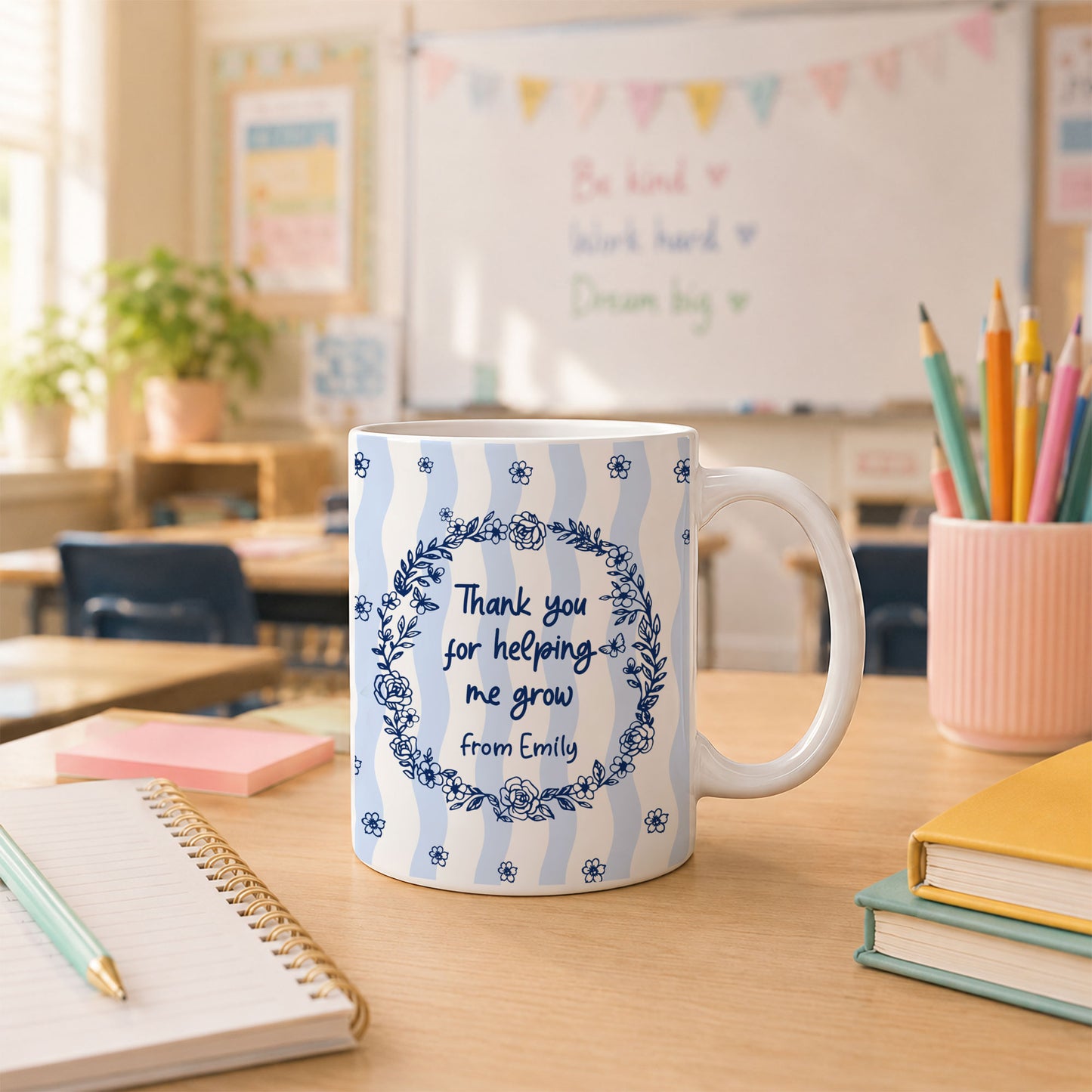 Blue Floral Teacher Mug - Thank You for Helping Me Grow - Custom Teacher Name Coffee Cup - Appreciation Gift for Teachers