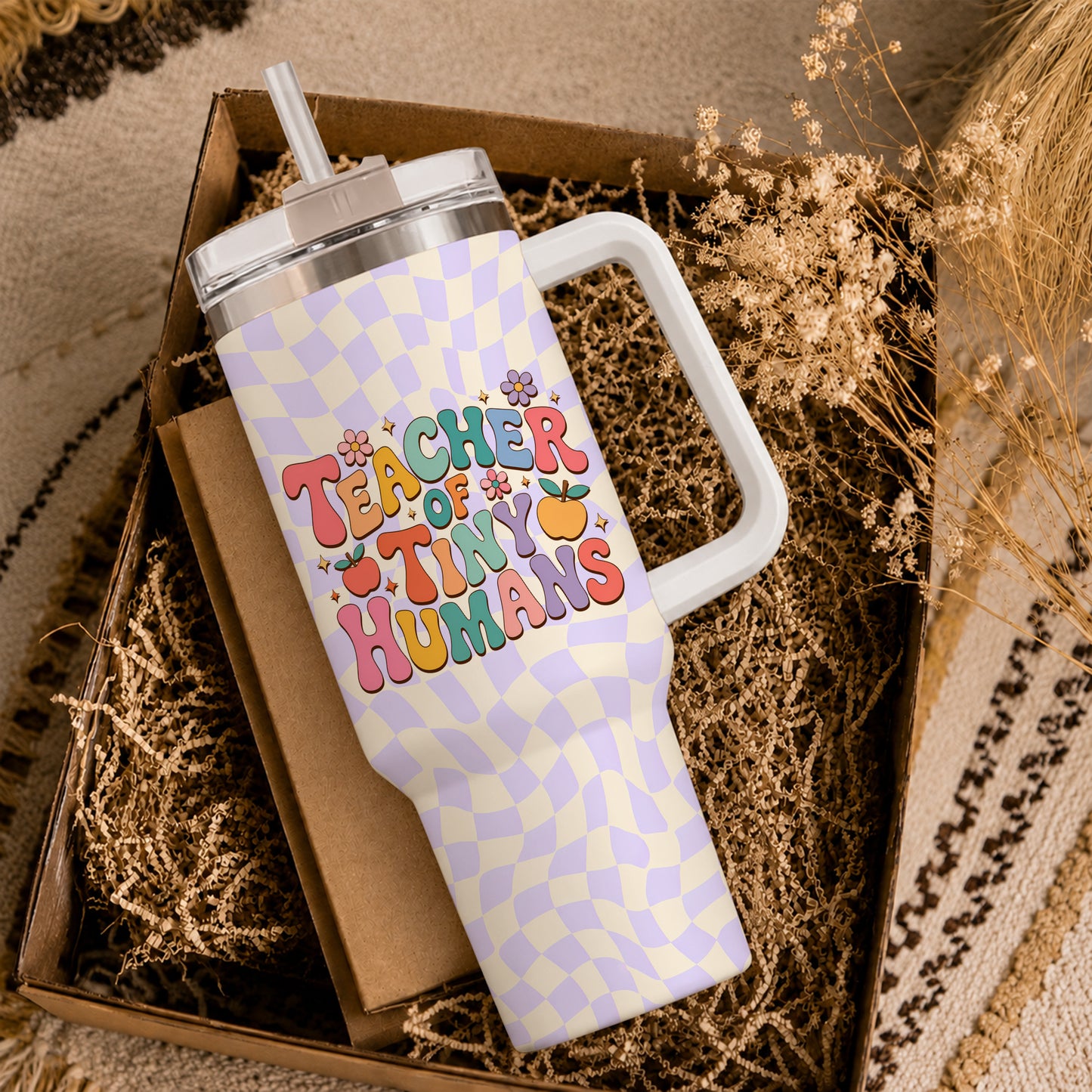 Retro Groovy Teacher Tumbler with Handle - Teacher of Tiny Humans - Personalized Teacher To Go Cup - Retro Gift for Teachers