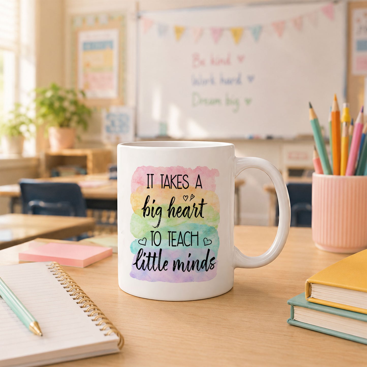 Watercolor Rainbow Teacher Mug - It Takes A Big Heart To Shape Little Minds - Meaningful Back To School Gift for Teachers