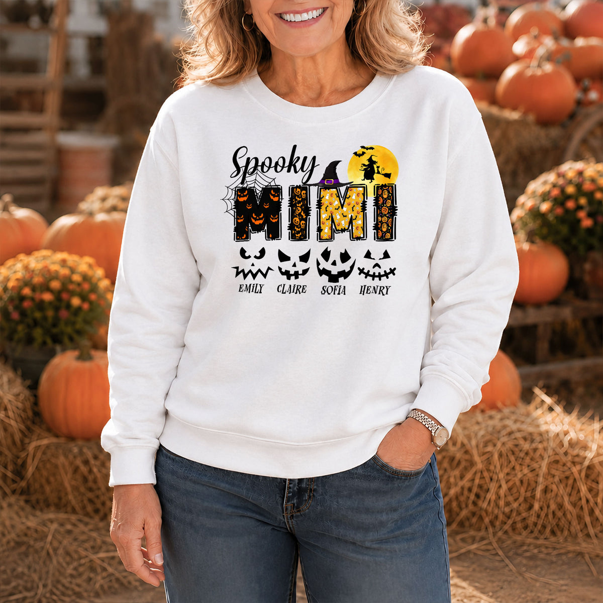 Personalized Halloween Shirt for Grandma & Mom - Custom Name Spooky Pumpkin Face Shirt - Cute Halloween Gift