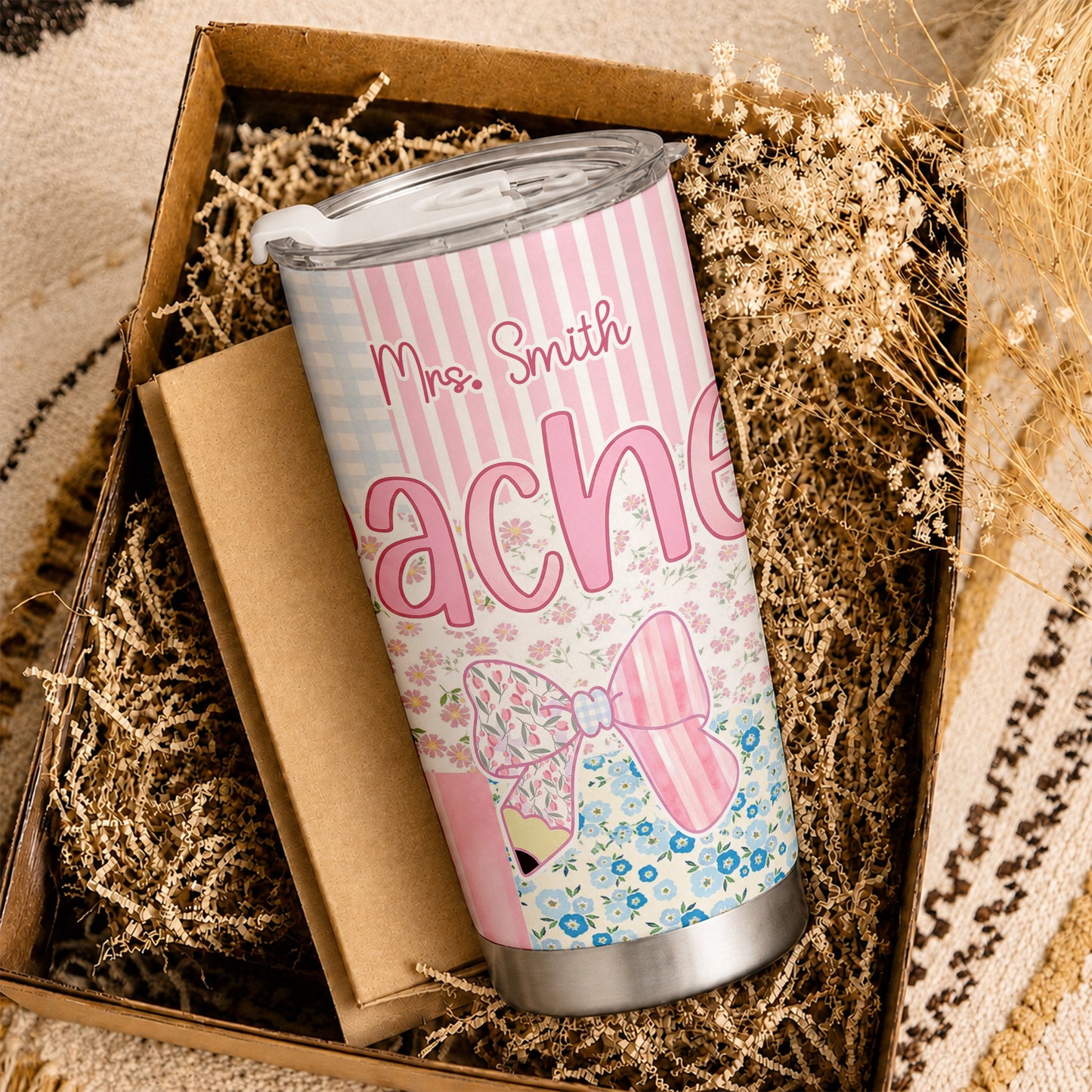 Personalized Teacher Tumbler with Custom Name, Cute Pencil Floral Travel Cup, Teacher Appreciation Gift, Back to School Teacher Gift