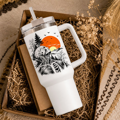 Anatomical Skeleton Sunset Tumbler 40oz with Handle and Straw, Vintage Mountain Gothic Gift for Men Women