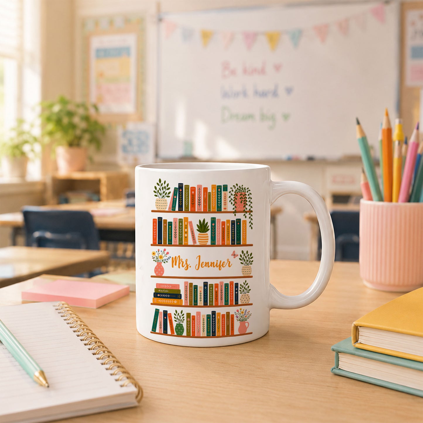 Vintage Floral Bookshelf Mug - Personalized Teacher Mug - Back To School Teacher Gift