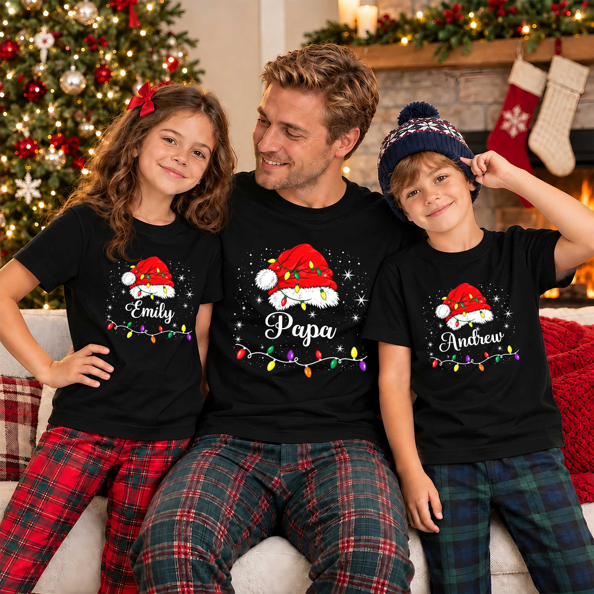 Personalized Family Christmas Shirts, Matching Santa Hat Tees, Custom Name Holiday Gift