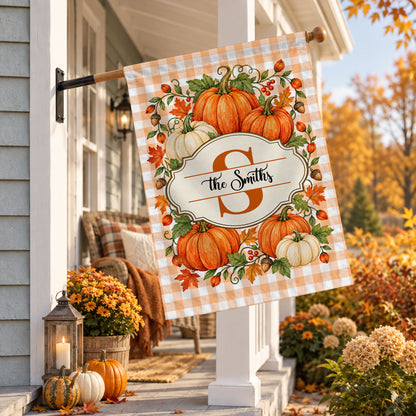 Personalized Thanksgiving Garden Flag - Custom Family Name Monogram Flag - Fall Pumpkin Yard Decor