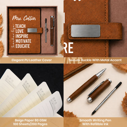 Teach Love Inspire Motivate Educate Teacher Journal Gift Set - Custom Name Leather Notebook with Pen - Teacher Appreciation Gift