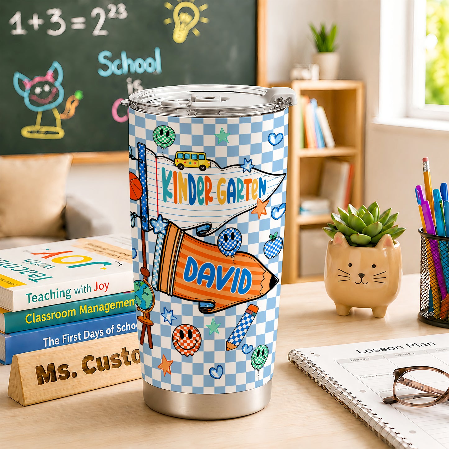 Personalized Back to School Tumbler - Custom Name & Class for Teachers and Students, Pastel Bow 20oz Travel Cup
