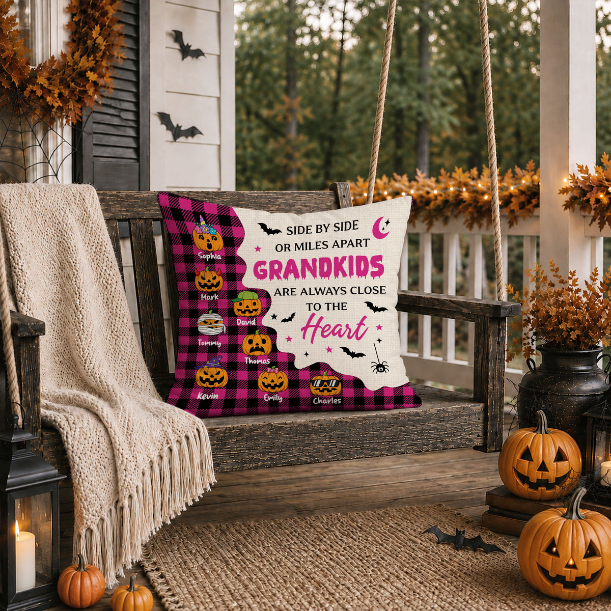 Personalized Halloween Pillow - Custom Grandkids Name Pumpkin Throw Pillow - Halloween Home Decor Gift for Grandma, Grandpa