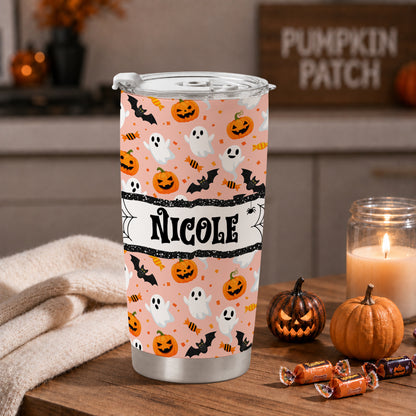 Personalized Halloween Tumbler with Name - Cute Halloween Pattern Tumbler, 20oz Insulated Travel Cup - Custom Fall Gift