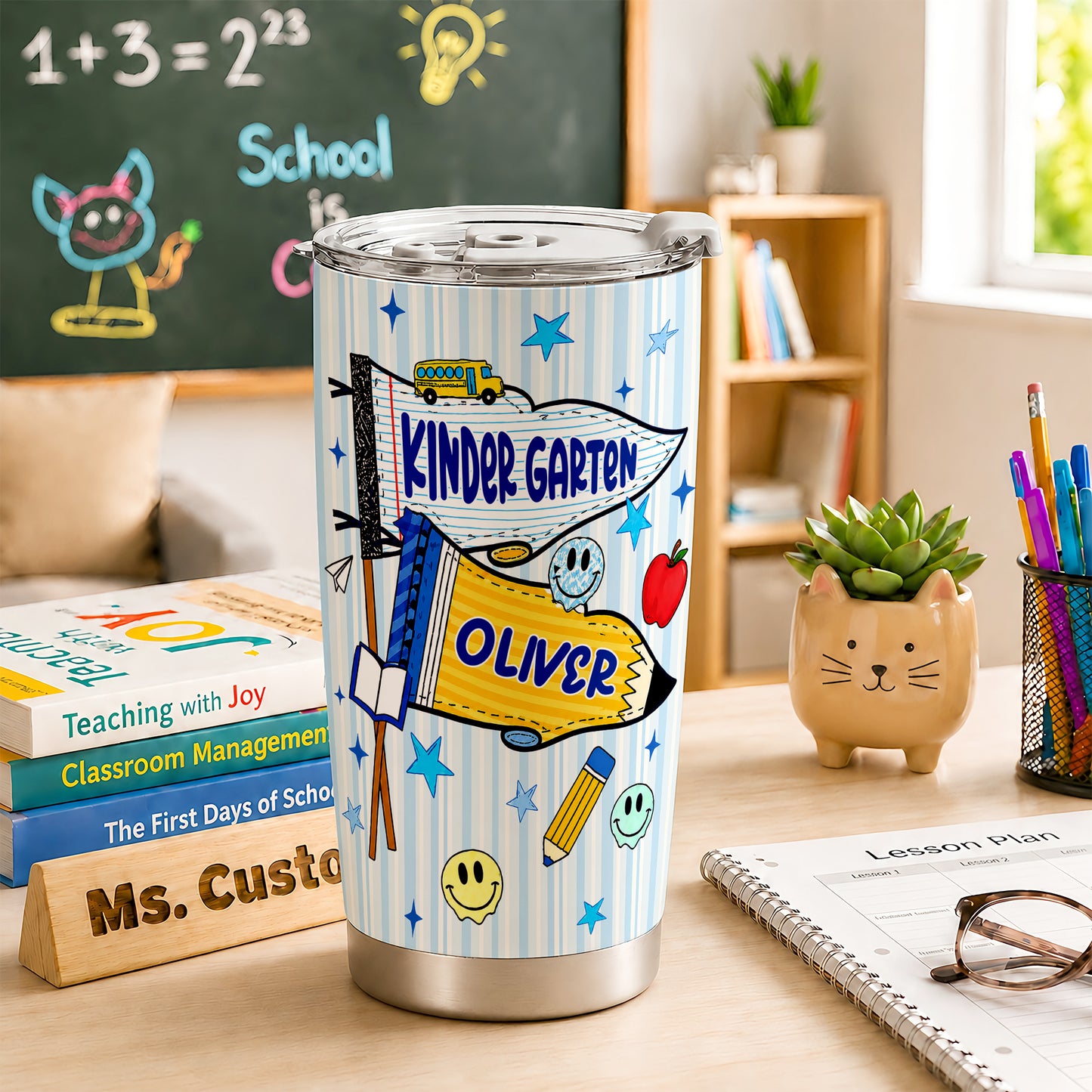 Personalized Back to School Tumbler - Custom Name & Class for Teachers and Students, Striped Blue 20oz Travel Cup
