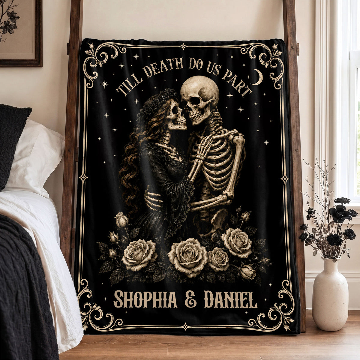 Personalized Skeleton Couple Fleece & Sherpa Blanket, Gothic Blanket with Roses, Halloween Gift for Couples
