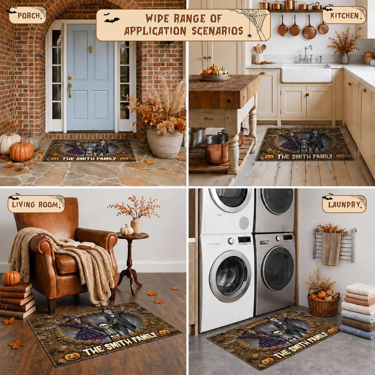 Personalized Halloween Door Mat for Family - Custom Name Skeleton Family Mat - Spooky Haunted House Door Mat - Halloween Outdoor Decor