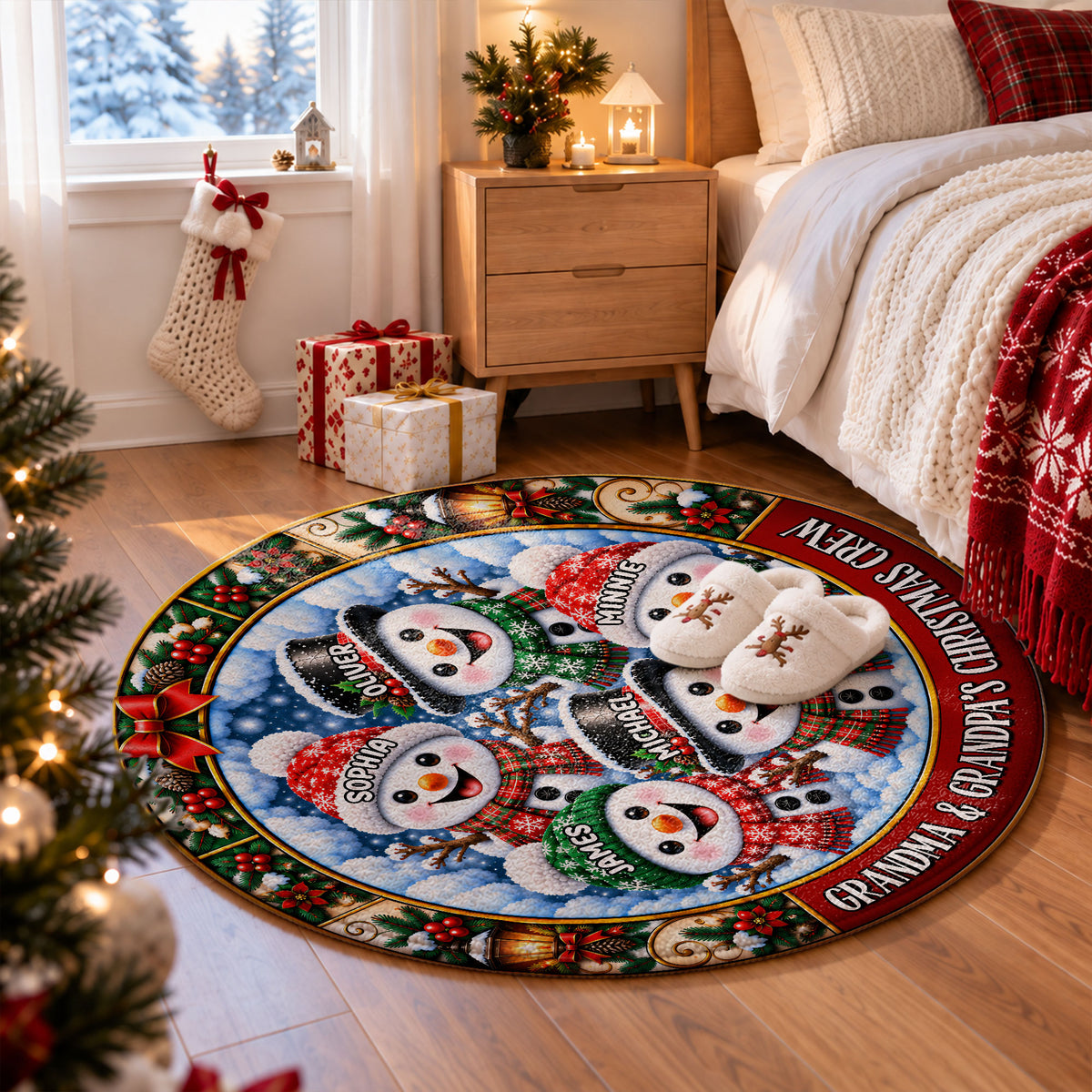 Personalized Christmas Round Rug - Snowman Christmas Crew 3D Effect Rug - Christmas Gift for Grandparents