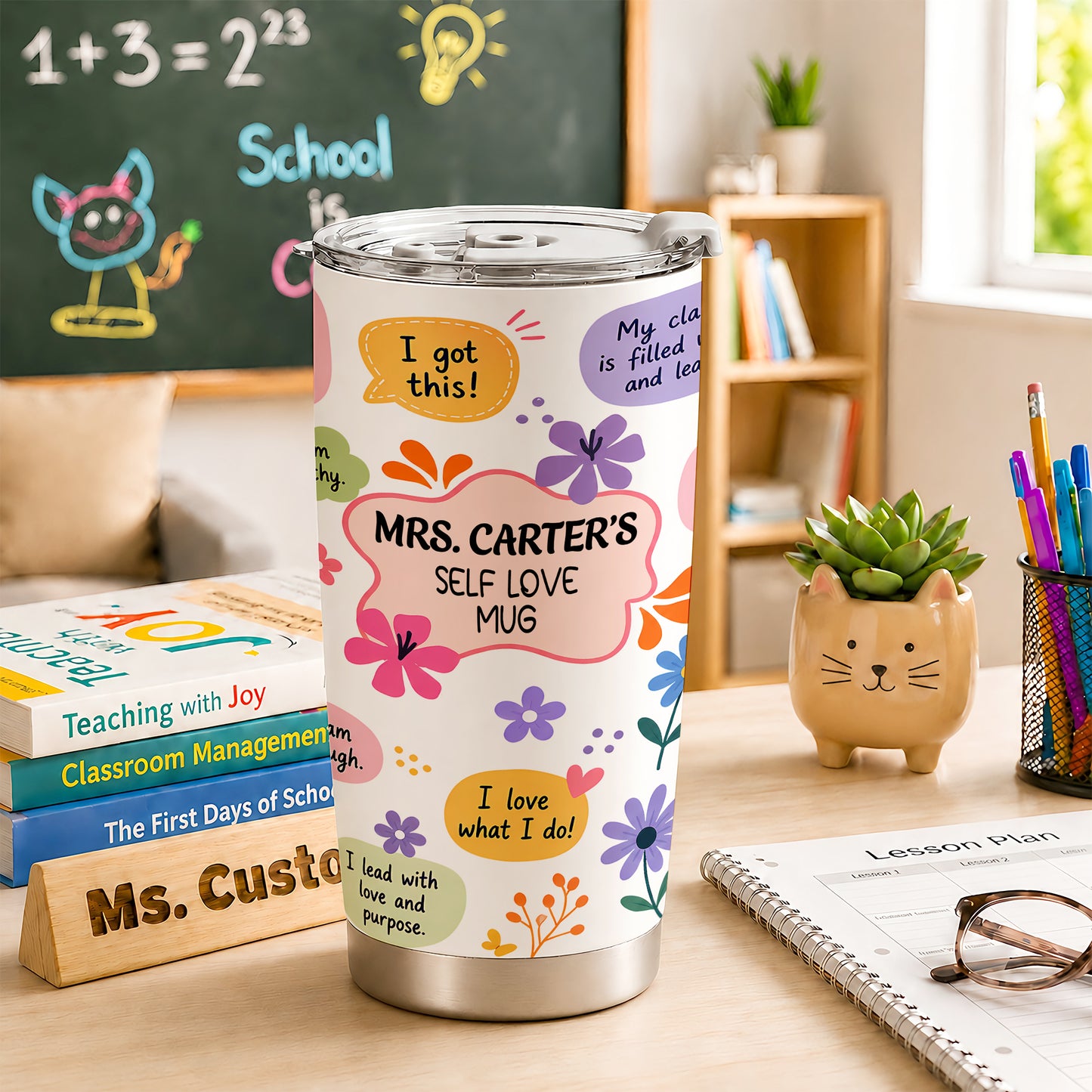 Floral Teacher Self Love Tumbler - Personalized Teacher To Go Cup - Motivational Gift For Teachers