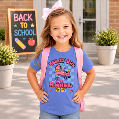 Rollin' Into School Retro Shirt - Custom Name & Grade Kids T-Shirt - First Day of School Outfit for Girls