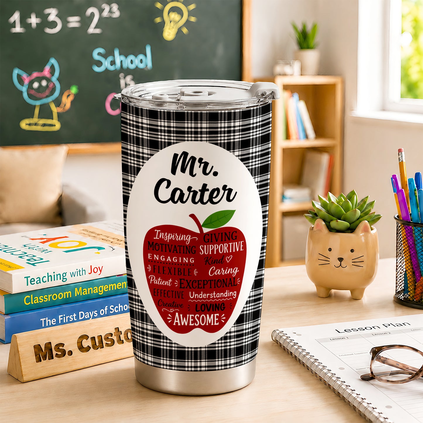 Retro Teacher Inspirational Word Art Tumbler - Custom Teacher Name Travel Mug - Motivational Gift for Teachers
